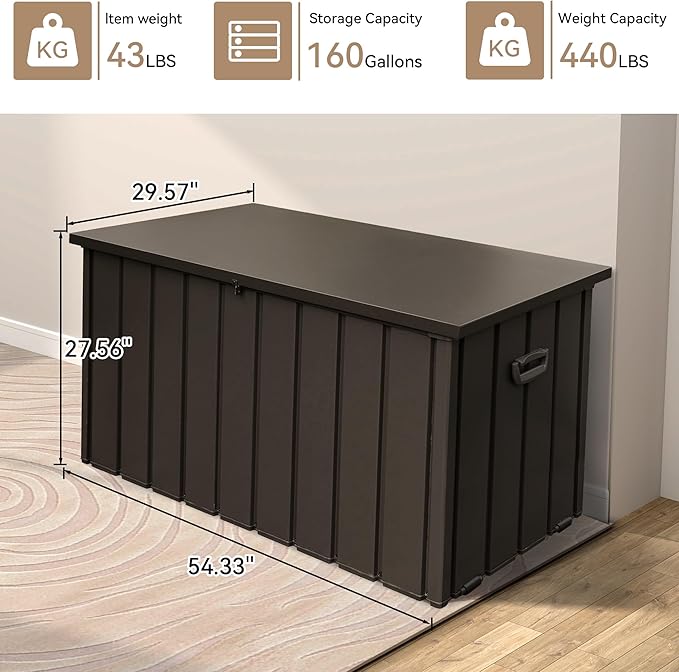 Metal Outdoor Storage Box,160 Gallon Waterproof Large Deck Box, Lockable Heavy Duty Home and Outside Storage Cabinet/Bin Container for Patio/Poolside/Backyard Cushions, Pillow -Brown