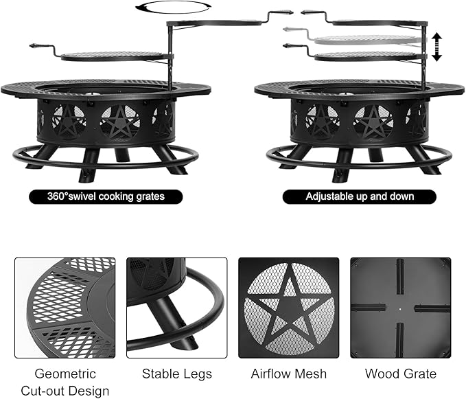 42 Inch Fire Pit with 2 Grills, Extra Large Wood Burning Fire Pits for Outside with Lid & Poker, Heavy Duty Firepit,BBQ& Outdoor Fire Pit & Round Metal Table 3 in 1 for Patio, Picnic, Party