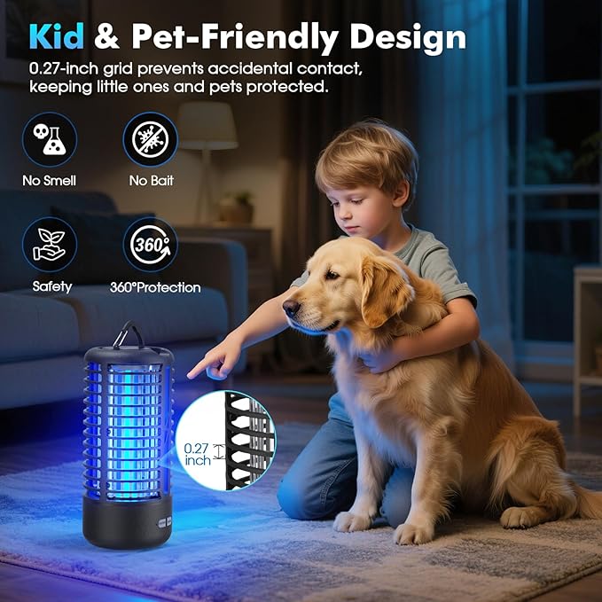 Rechargeable Bug Zapper, Portable Electric Mosquito Killer for Indoor & Outdoor Fly Trap for Camping, Patio, Garden, Kitchen, and Porch(1 Pack, Black)