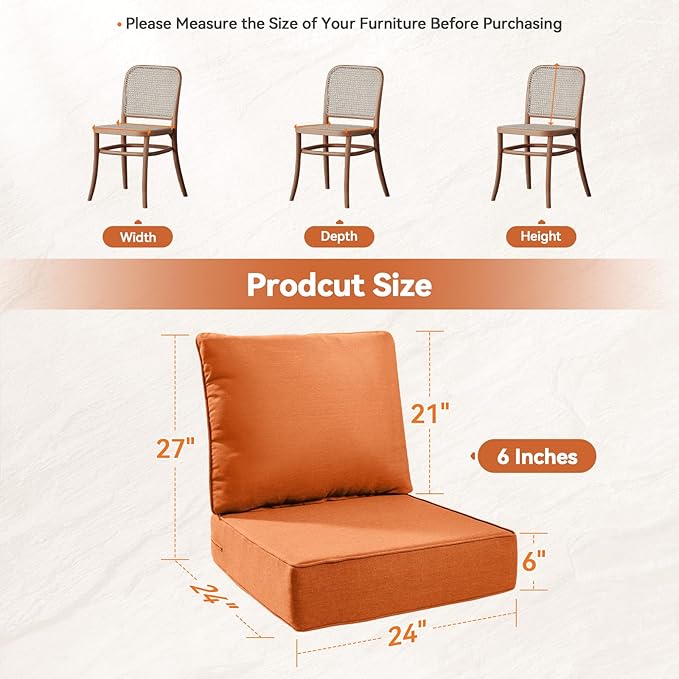 Luxury 6" Outdoor Cushions for Patio Furniture, 24x24x6 Thick Seat Cushion Set of 10, Fade Resistant Couch Chair Replacement Cushions High Density Wicker Chair Cushion w/Removable Cover, Orange