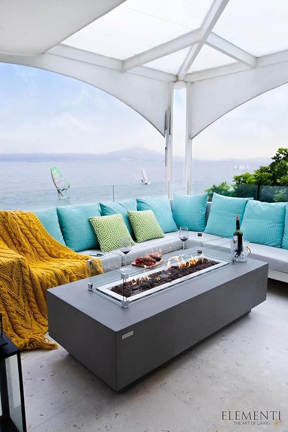 Elementi Granville Gas Fire Pit Cast Concrete Fire Table, Outdoor Fire Pit Electronic Ignition | Canvas Cover, Lava Rock Included | Free AMS Wind Guard | Light Gray (Natural Gas)