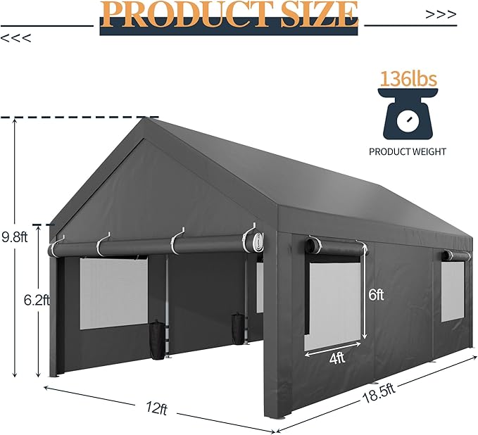 Shintenchi Carport 12' x 20' Heavy Duty Portable Garage, Car Port Canopy with Side-Opening Removable Door & Roll-Up Windows, Car Canopy for Truck,Car,Boat,Motorcycle,Grey