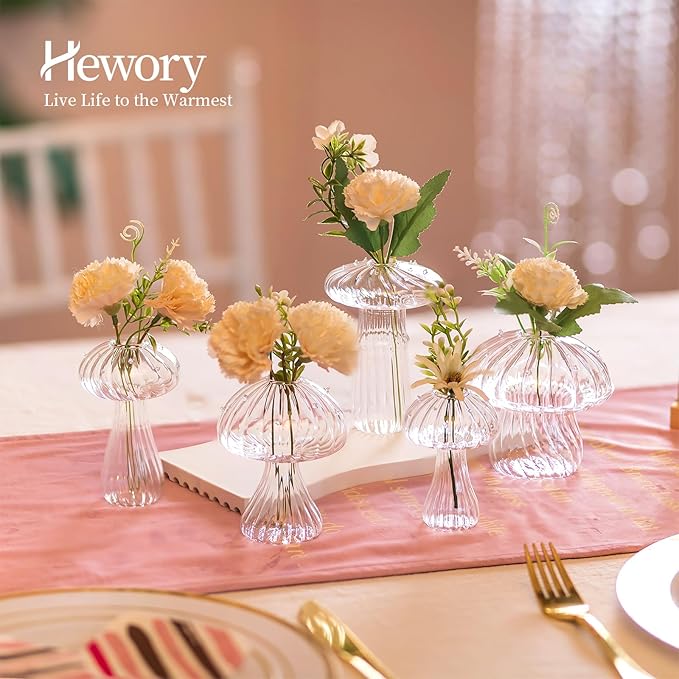 Hewory Mushroom Jars for Plants, 10pcs Clear Glass Mushroom Bud Vase for Flowers, Unique Plant Propagation Stations Propagating Vases Decor, Mini Cute Hydroponic Terrarium Planter for Indoor Planters
