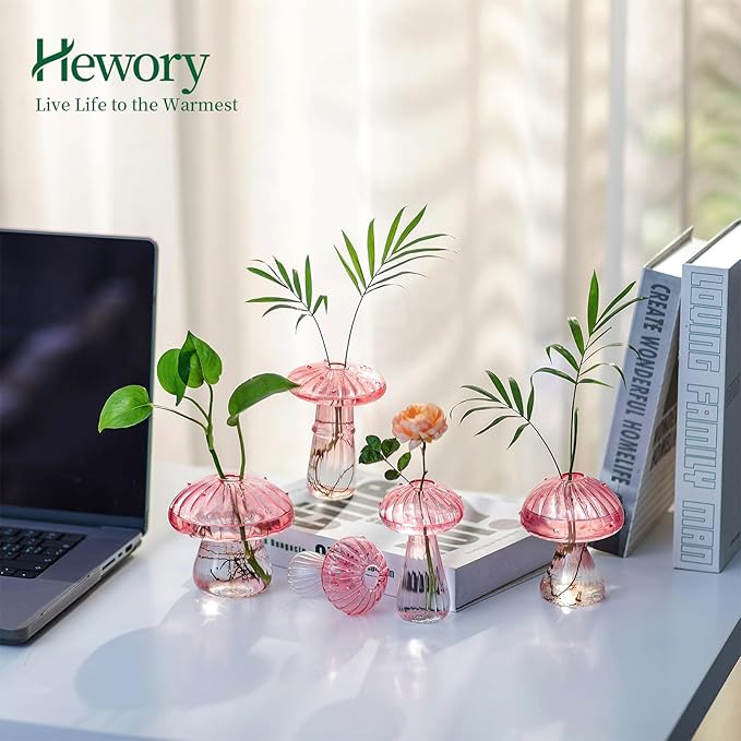 Hewory Mushroom Jars for Plants, 5pcs Pink Glass Mushroom Bud Vase for Flowers, Unique Plant Propagation Stations Propagating Vases Decor, Mini Cute Hydroponic Terrarium Planter for Indoor Planters