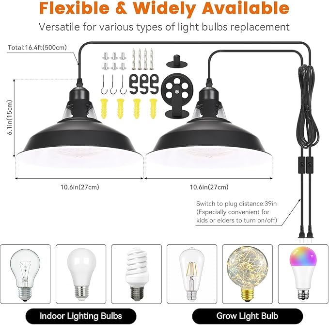 MYSWEETY Hanging Grow Light, Full Spectrum Hanging Plant Lights for Indoor, Vintage Decorative Grow Lights with 16.4FT Power Cord, Plug in Pendant Light with Adjustable Pulley for Plants, Flowers (2)