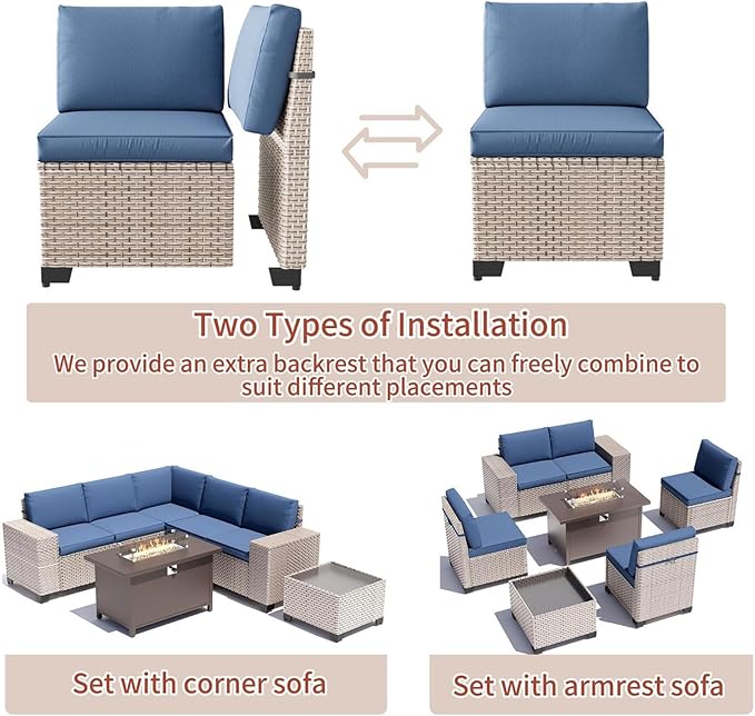 7 Pieces Patio Furniture Set with Propane Fire Pit Table, Outdoor Sectional Wicker Sofa with Cushions and Coffee Table, High Back Rattan Patio Conversation Sets, Navy