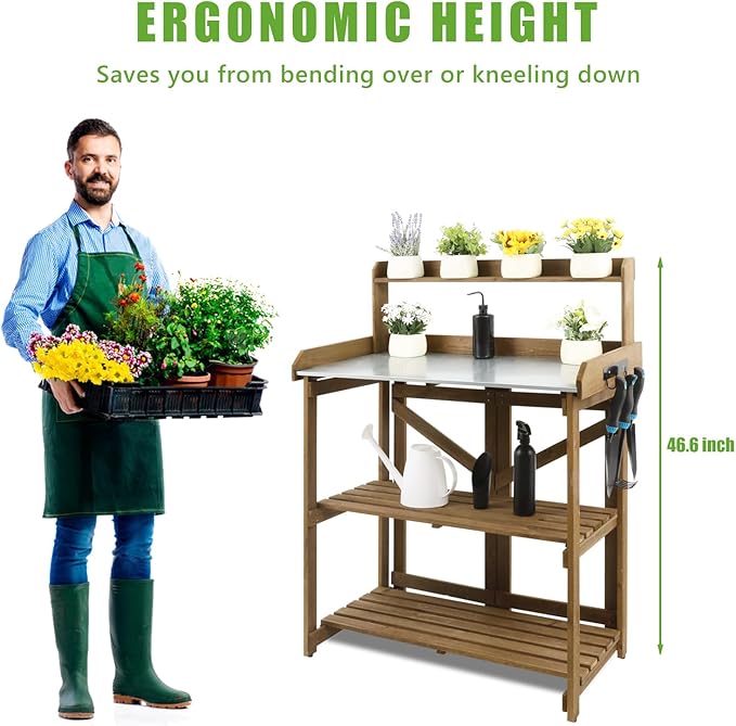 Folding Garden Potting Bench Table,Outdoor Wooden Work Station W/Metal Table Top,2 Tier Open Storage Rack,Top Shelf-Natural Stained