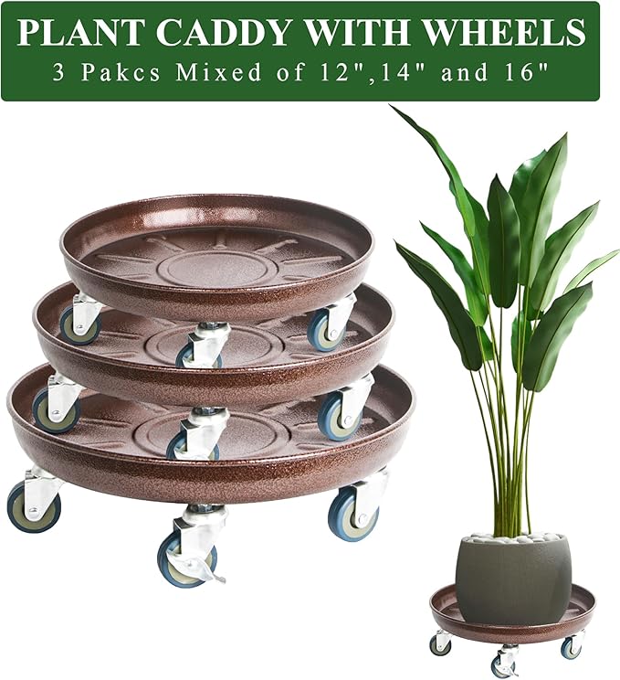 Metal Heavy Duty Plant Caddy Round Flower Pot Mover, 3 Pack Mixed of 14", 16" and 20" Rolling Plant Stand with Wheels, Indoor Outdoor Plant Dolly with Casters Planter Tray, Bronze