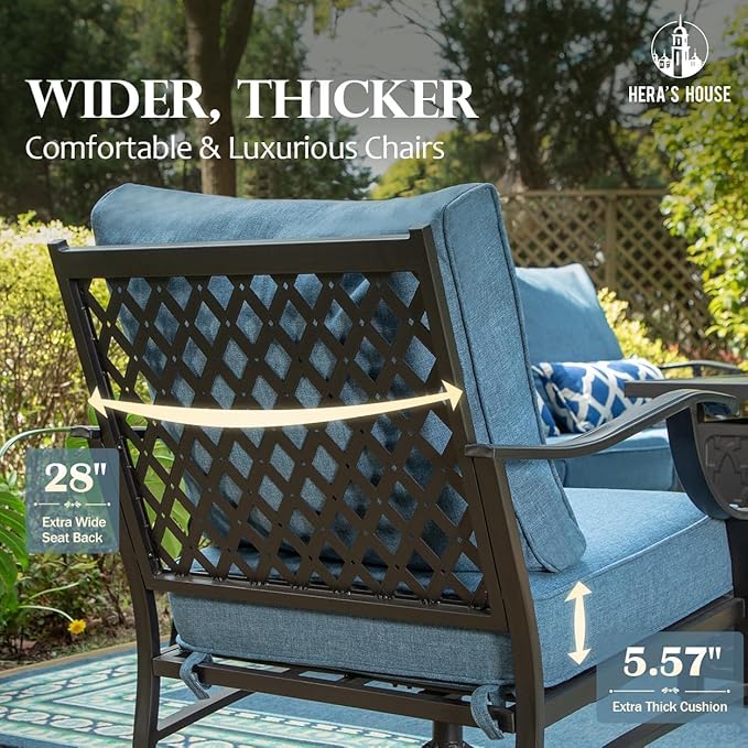 HERA'S HOUSE 6 Piece Patio Furniture Set, 2 x Rocking Chair, 2 x Fixed Chair, 1 x 3-Seat Sofa with Marbling Coffee Table, All Weather Outdoor Conversation Set for Lawn Garden Backyard, Navy Blue