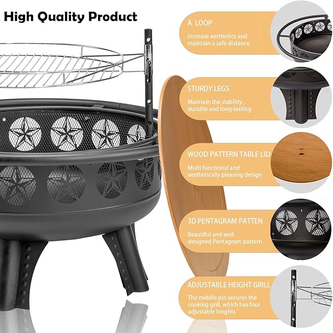 32 Inch Fire Pit with Swivel Cooking Grate,3-in-1 Wood Burning Firepit with Grill,Outdoor Fire Pits Table with Metal Lid and Poker for Outside Patio Backyard BBQ Bonfire Camping (32 Inch)