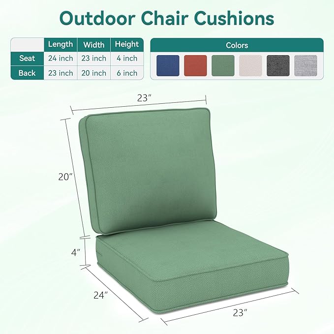 Outdoor Chair Cushions 23" x 24" x 4", Patio Deep Seat Replacement Cushions Set with Zippered Removable Cover, Weather-Resistant Olefin Fabric for Garden Chair Sofa Couch, Green