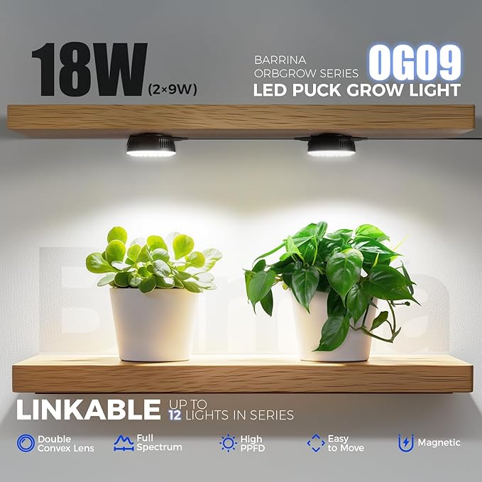 Barrina Orbgrow OG09 Puck Grow Light, 5000K 18W(2 x 9W, 270 Watt Equiv), Full Spectrum Plant Light for Indoor Plants, Magnetic & Linkable with Timer, 5 Levels Dimmable for Plant Shelf, 2 Packs, Black