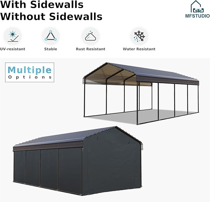 MFSTUDIO Carport 12x20 ft, Outdoor Heavy Duty Carports with Sidewalls, Metal Shed Canopy Shelters Garage Shelter Shade Car Ports with Galvanized Roof for Cars, Truck and Boats