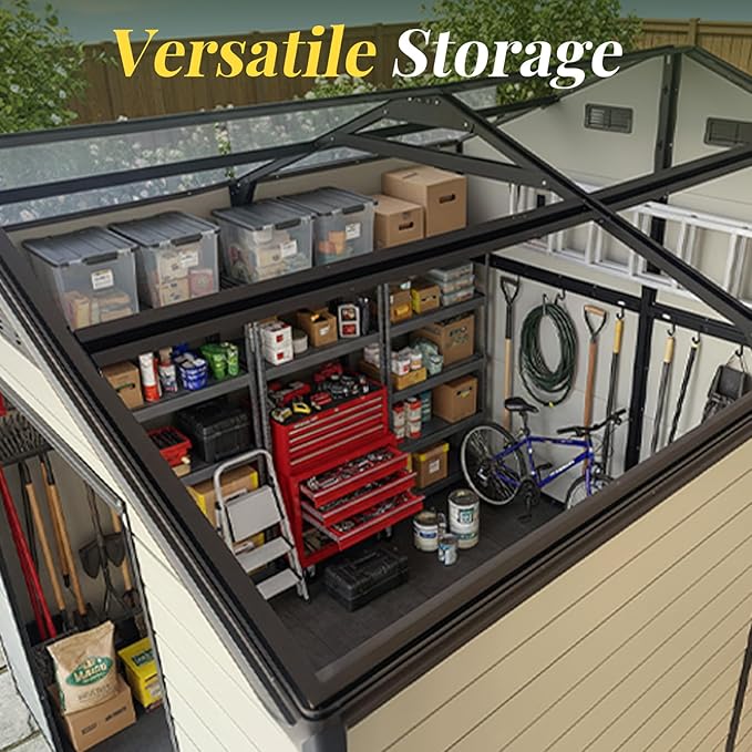 8x14ft Resin Outdoor Storage Shed with Floor and 2 Windows, Plastic Sheds & Outdoor Storage Clearance for Patio Furniture, GardenTools, Bike Accessories and Lawn Mower, Brown+White