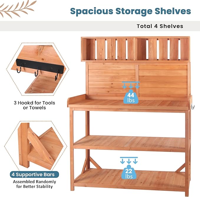 Large Wooden Farmhouse Rustic Outdoor Potting Bench Table, Patio Workstation, Garden Potting Bench with 4 Storage Shelves and Side Hook Lower Storage Shelf for Patio, Deck, Porch (Natural, 65inch)
