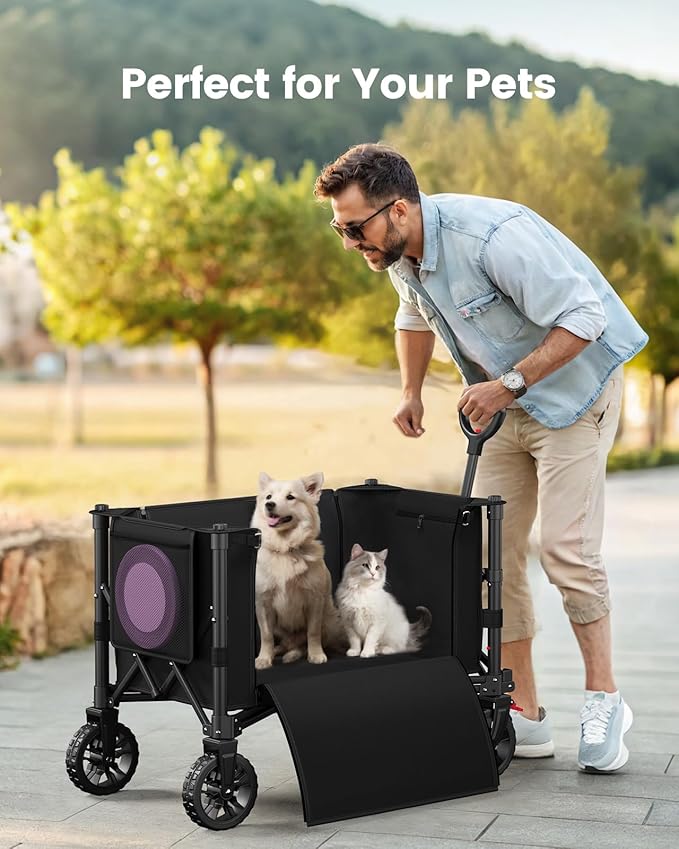 Wagons Carts Foldable, Collapsible Wagon Cart with 220 lbs Max Load and Expandable Storage Space, Heavy-Duty Foldable Wagon Cart with Wheels for Groceries, Shopping, Sport, Beach,Garden and Camping