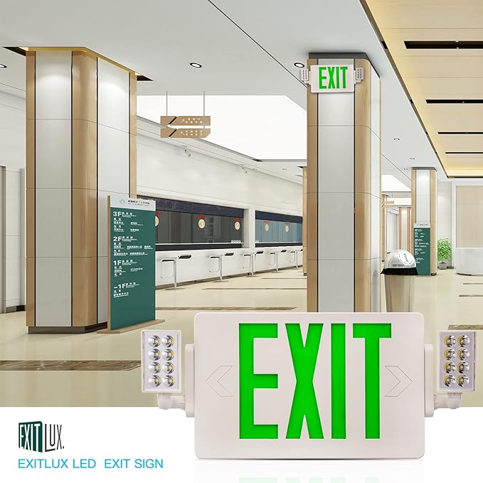 8 Pack LED Green EXIT Sign with Emergency Lighting with Battery Backup&Adjustable Two Head-US Standard-Hardwired-Exit Sign for Home Power Failure