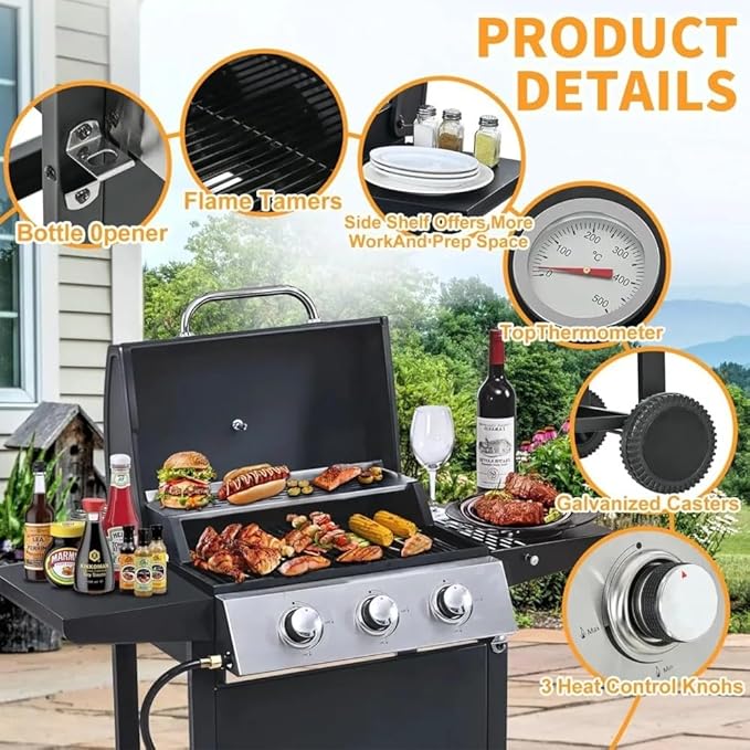 3-Burner Propane Gas Grill, 25,650 BTU Outdoor BBQ Grill with Stainless Steel Warming Rack, Enameled Cooking Grids, Built-in Thermometer & Foldable Side Tables - Portable Design with 6" Wheels