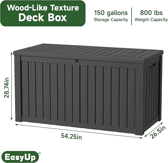 150 Gallon Outdoor Storage Box Waterproof, UV Resistant Resin Deck Box with Hydraulic Rod, Reinforced Stability for Patio, Garden, and Pool, Striped Black
