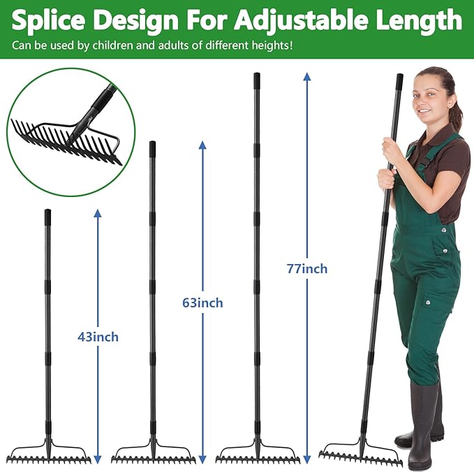 49 inch Bow Rake,2-in-1 17 Tooth Rake for Leaves Portable and Adjustable for Gardening Leaves Loosening Soil Leveling Lawn Farming Land Management Yard