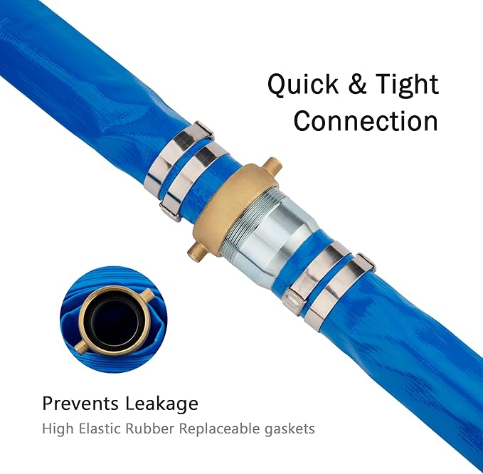 DAVCO 1.25" ID x 50 ft Pool Backwash Hose, Heavy Duty Reinforced Blue PVC Lay Flat Water Discharge Pump Hoses For Swimming Drain Pools and Clean Filters, with Brass NPT Pin Lug and KC Nipple Fittings