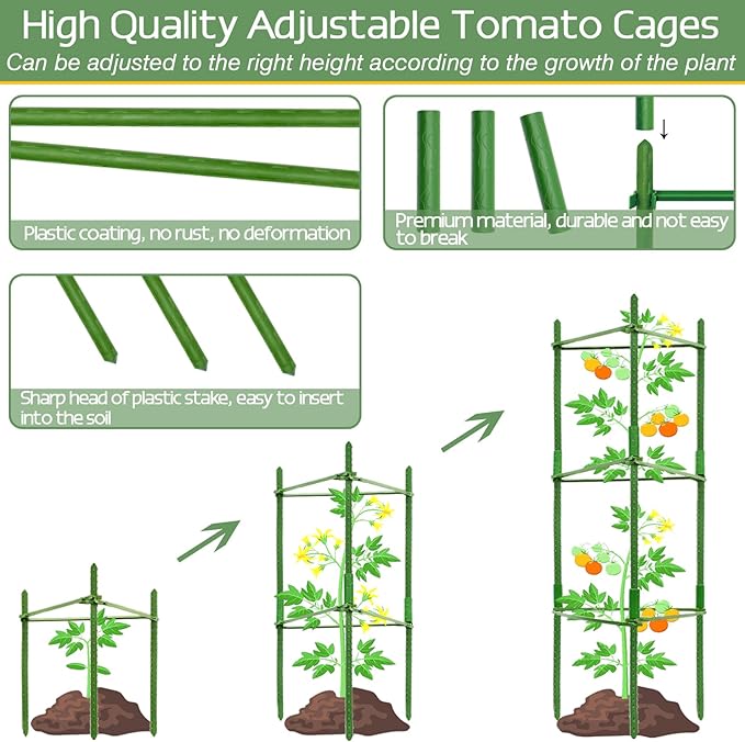Halatool 4 Pack Tomato Cages for Garden,Up to 48in(4FT) Adjustable Tomato Cage,Garden Stakes Tomato Trellis for Pots,Tomato Plant Support for Raised Garden Bed &Climbing Vegetables Flowers(Green)