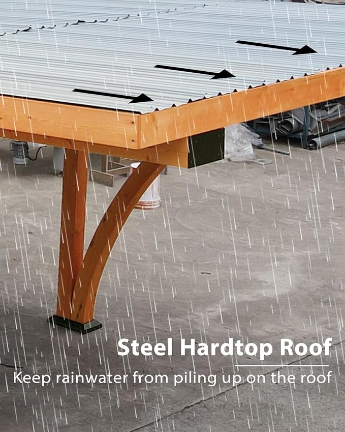 18.3 x 12.6 x 7.7 FT Curved Carport, Wood Outdoor Gazebo Pavilion with Hardtop Sloped Steel Roof, Heavy Duty Waterproof Car Port for Backyard, Patio, Deck and Lawn