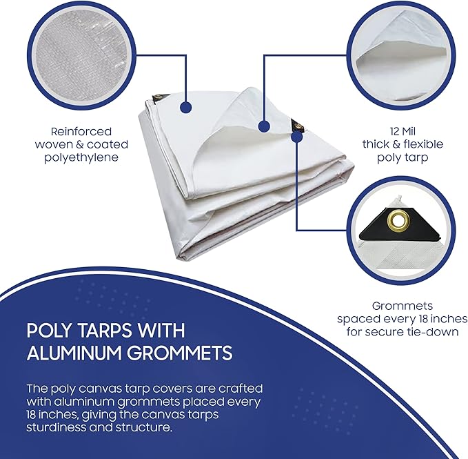 Tarps Now 16x20 Feet Poly Tarp |12 MIL Heavy Duty Waterproof Cover |Rip and Tear Proof Plastic Tarp with Rustproof Aluminum Grommets & Reinforced Edges |Ideal for Roof Repairs, Landscaping-White
