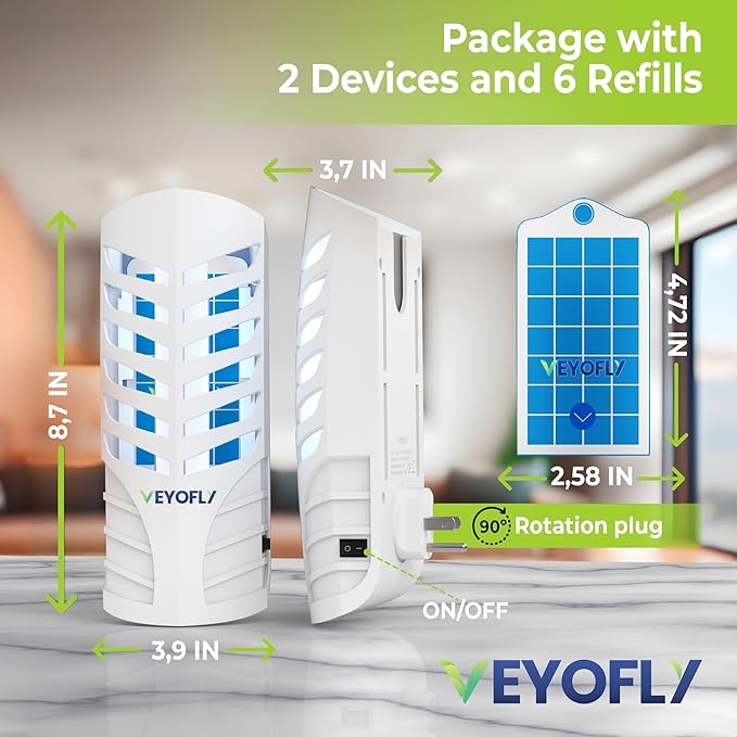 VEYOFLY Fruit Fly Traps for Indoors, Fly Trap Indoor, (2 Device + 6 Refills) Fly Catcher Indoor, Gnat Traps for House Indoor, Fly Trap, Plug in Light Flying Insect Trap, Bug Killer