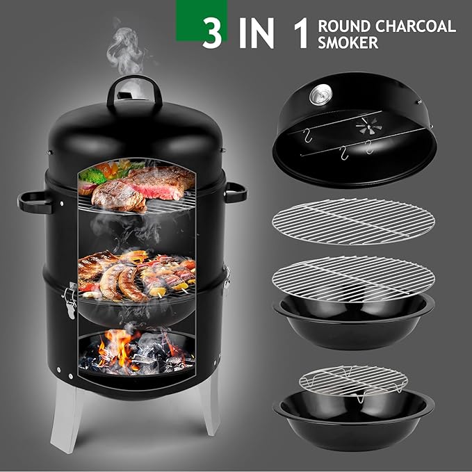 3-in-1 Vertical Charcoal Grill, Outdoor BBQ Charcoal Smoker with Built-in Thermometer, Air Vent, and 2 Access Doors, Perfect for Camping, Picnics, Backyard BBQs, and Tailgating Parties