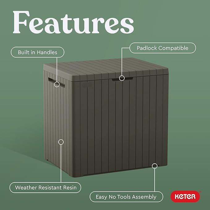 Keter City 30 Gallon Resin Outdoor Storage Box and Patio Furniture Side Table for Pool and Garden Accessories, Mossy Brown