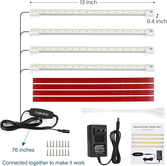 Mosthink Grow Lights for Indoor Plants Full Spectrum, 5500K LED Grow Lights Strips,Plant Lights for Indoor Growing with Auto Timer 3 6 12H,4 Packs in 1