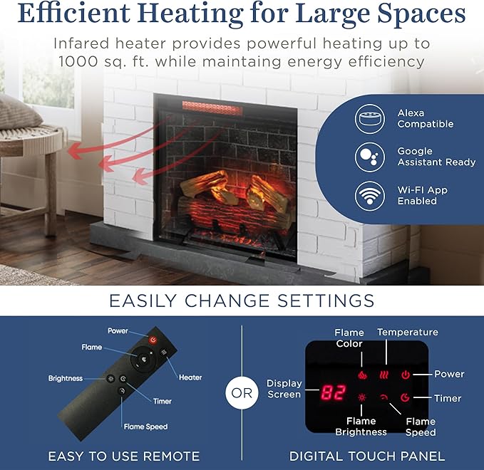 Country Living - Jackson Fireplace Mantel Package, WiFi Enabled 28β Fireplace Insert, White Brick Mantel Surround, Alexa/WiFi Enabled, 1500W