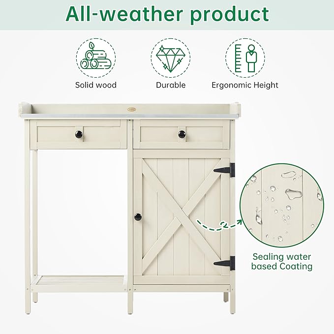 Outdoor Potting Bench with Storage Cabinet & Metal Tabletop, Garden Work Table, Wood Planting Workstation for Patio, w/Drawer
