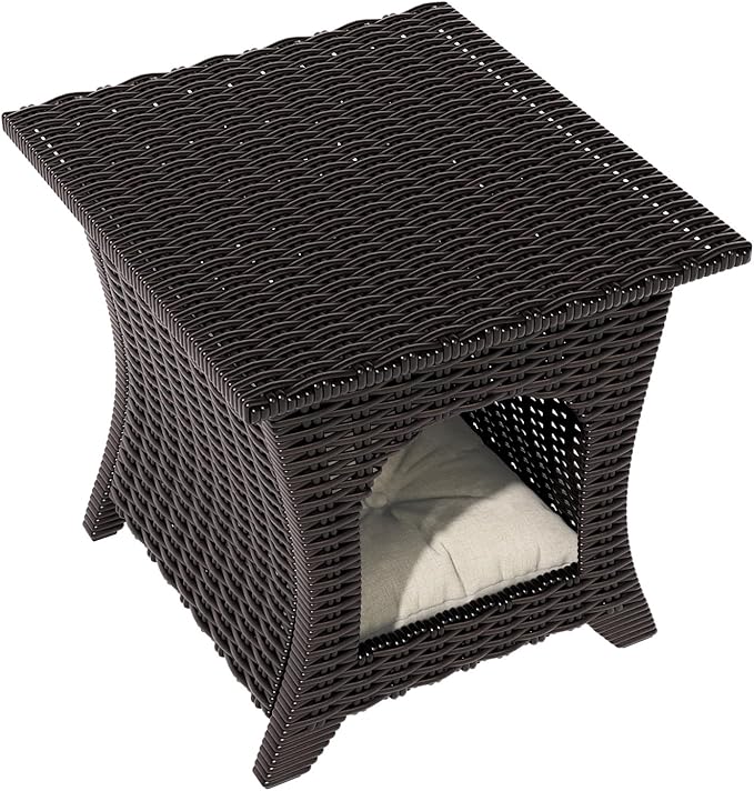 Vista Vibe Patio Wicker Side Table, All-Weather Rattan Furniture, 2 in 1 End Table & Pet Nest for Porch, Sunroom, Garden (Beige)