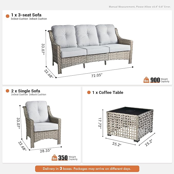 4 Pieces Patio Outdoor Furniture Set,All Weather Wicker Rattan Patio Seating Sofa and Chair Set w/ 3-Seater Sofa and Glowing Coffee Table,Outdoor Conversation Sets for Deck Yard Garden,Grey