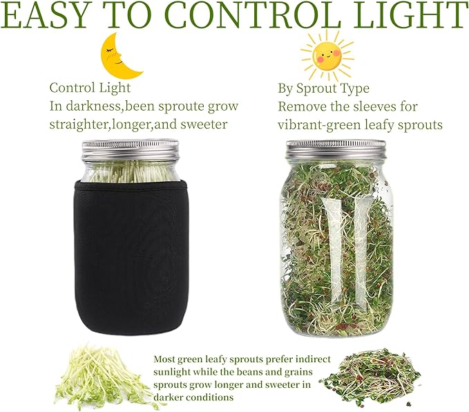 Lulonpon 4 Sprouting Jar Kit, Wide Mouth Quart Mason Jars with Stainless Steel Screen Sprout Lids, 86mm,1000ml,Stand,Tray and Canning Brush,Seed Sprouter Set for Growing Broccoli, Alfalfa