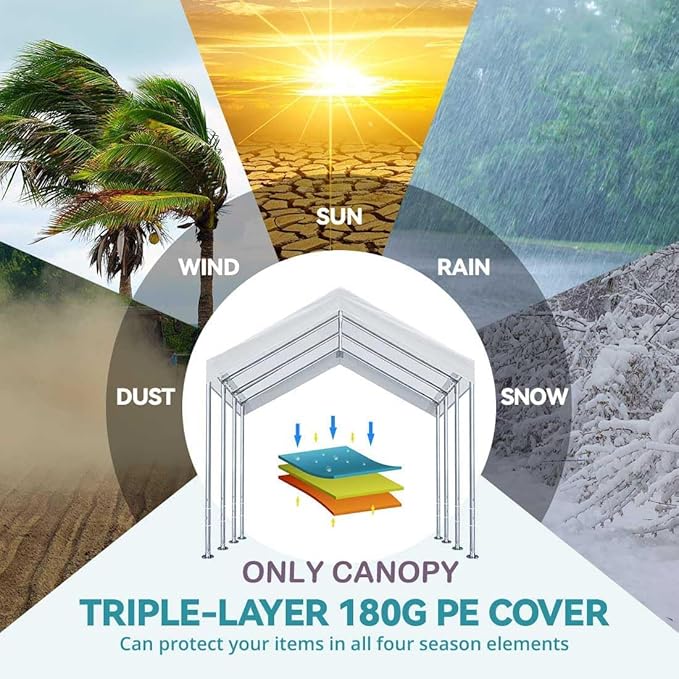 12'x20' Upgraded Carport Replacement Top Canopy Cover for Car Garage Shelter Tent Party Tent with Ball Bungees White (Only Top Cover, Frame is not Included)