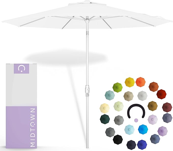 Midtown Umbrellas The Swilt 9 Feet Patio Umbrella in Terylast Ivory (White) Polyester Fabric - Fiberglass Ribs, Auto-Tilt Aluminum Frame For Backyard, Deck, Garden, Pool - White Pole