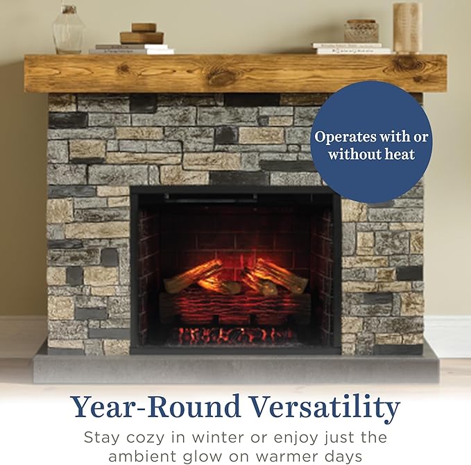 Country Living - Dixson Fireplace Mantel Package, 28β Fireplace Insert, Stone Brick Mantel Surround, Alexa/WiFi Enabled, 1500W