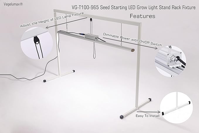 LED Grow Light Lamp Stand for Plant Seedling Germination Vege Flower Growth,Full Spectrum CRI 90+ White Light CCT 6500K,Isolated Dimming Power with On/Off Switch,Height Adjustable,100W,4FT