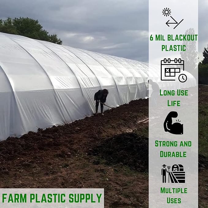 Farm Plastic Supply - Panda Film Light Deprivation Greenhouse Cover - 6 mil - (10' x 50') - 100% Blackout Tarp, Black White Plastic Sheeting, Green House Poly Film