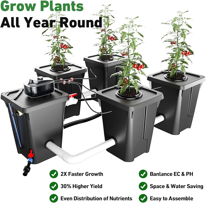 RDWC Hydroponics Grow System 4 Site + Reservoir, 7-Gallon Top Drip Recirculating Deep Water Culture Hydroponic Bucket System, Hydroponics Growing System Kit with Water Pump, Air Pump