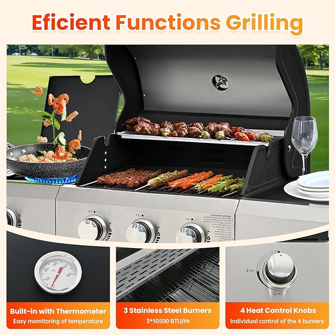 3-Burner Propane Gas BBQ Grill with Side Burner, Porcelain-Enameled Cast Iron Grates and Grills Cover, 40,500 BTU Stainless Steel Grill for Outdoor Camping Barbecue Grilling Backyard Cooking