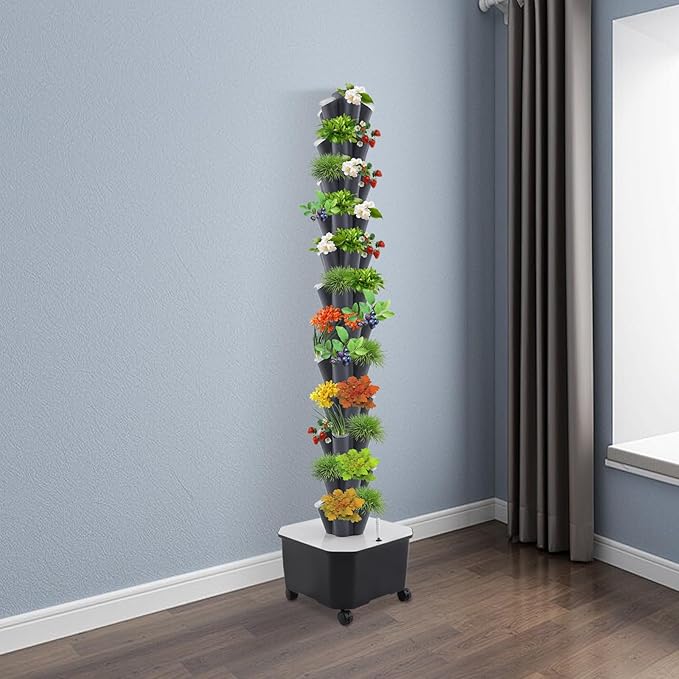 Hydroponic Growing Tower, 12 Layer 60 Pods Hydroponic Grow Towers Kit with Water Pump and Movable Water Tank, Plant Germination Kit with 4 Wheels, for Vegetable, Strawberries, Lettuce