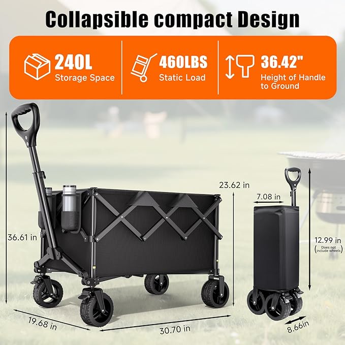 Collapsible Wagon Cart with Universal Wheels, 480LBS Wagons Carts Heavy Duty Collapsible Wagon with Cup Holders, Utility Beach Carts for Camping, Garden, Shopping, Fishing, Sports