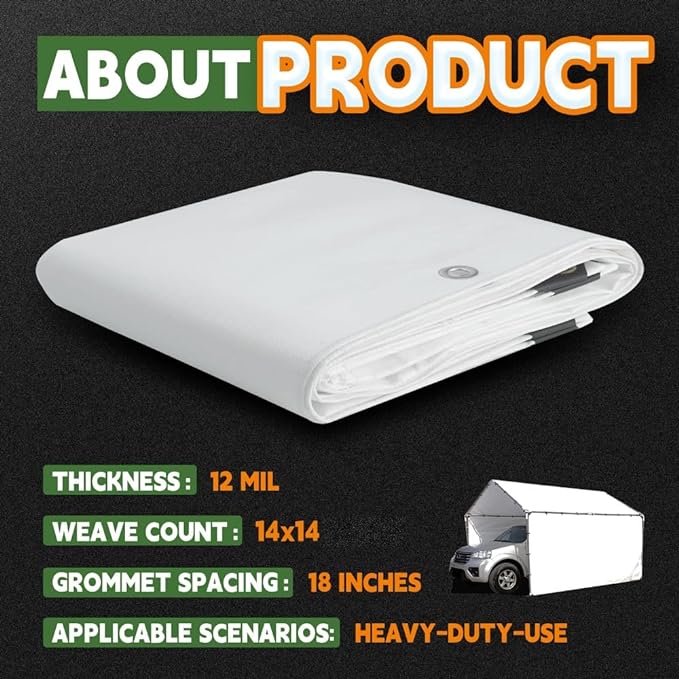 RAINDEWAY 12 Mil Heavy Duty White Tarp 8x10 Feet (2 Pack), UV Resistant, Waterproof, Weatherproof Poly Tarp with Metal Grommets and Reinforced Edges