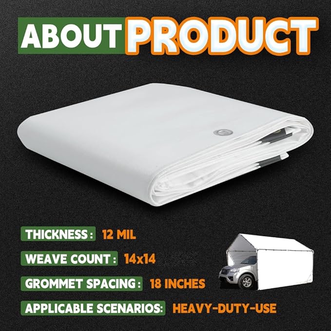 RAINDEWAY 12 Mil Heavy Duty White Tarp 6x20 Feet, UV Resistant, Waterproof, Weatherproof Poly Tarp with Metal Grommets and Reinforced Edges