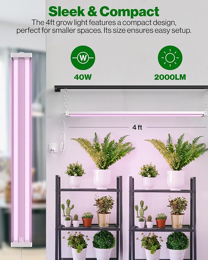 Sunco 4FT LED Grow Light for Indoor Plants 40W, Full Spectrum, Hanging Suspended Fixture, Linkable, Plug in, Greenhouse Year Round for Indoor Plants Seedlings Vegetables Flowers 2 Pack.