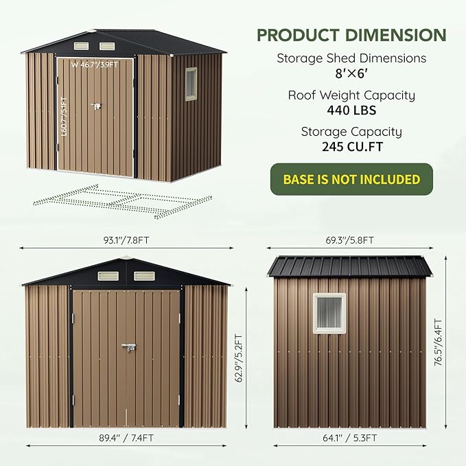 6x8FT Outdoor Metal Storage Shed, Double Door, 1 Clear Window, Tool Shed for Garden, Patio, Backyard Brown
